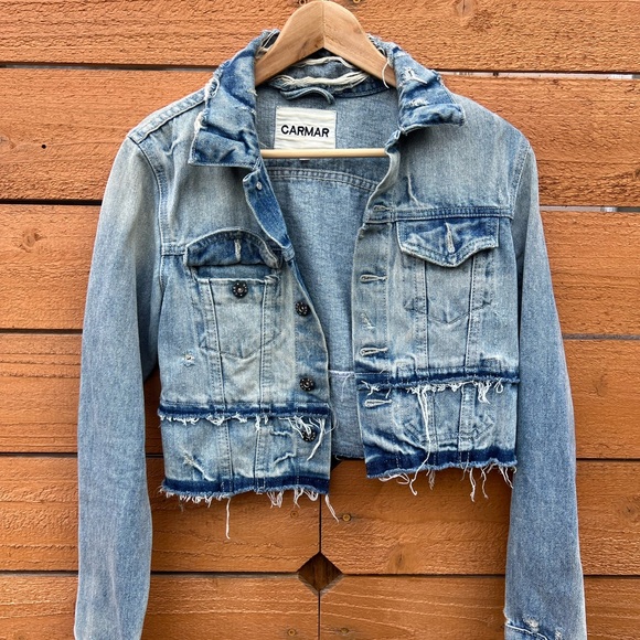 Carmar Jackets & Blazers - Carmar Blue Cropped Jean Jacket with Distressed Hem